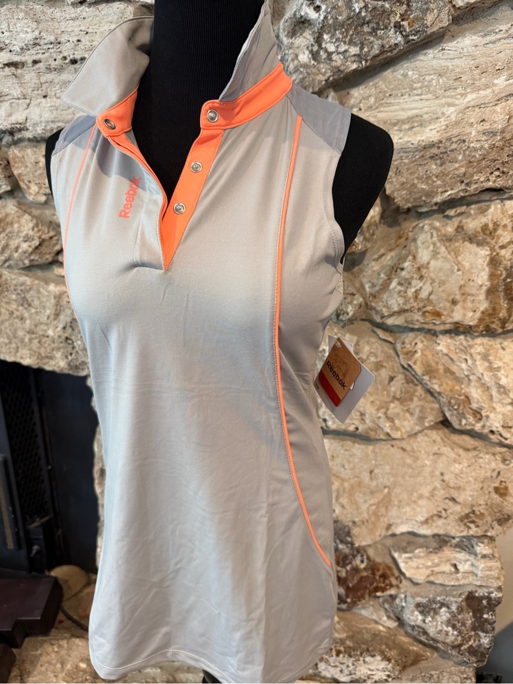 NWT Reebok Women's Sleeveless Polo Tank - Light Gray with Coral Trim Sz S